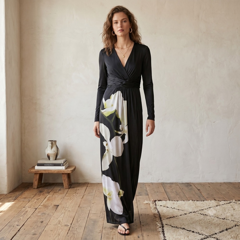 Altuzarra for Target Womens Dress 6 Black Floral V-Neck Long Sleeve Maxi Gown